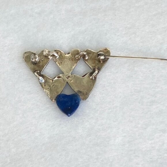 Vintage Sterling Silver 925 1.5" Stacked Hearts Blue Lapis Brooch - Picture 9 of 16